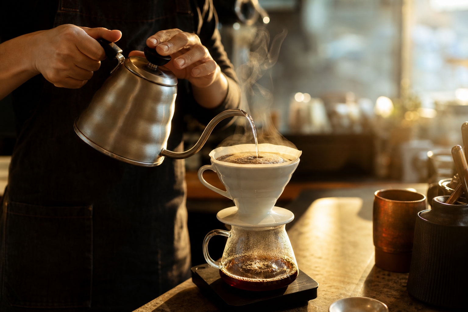 Barista pouring pour over coffee